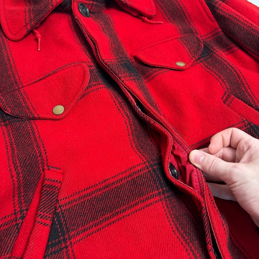 Vintage 30s Buffalo Hunting Jacket w Hood Mens Medium Red Plaid 1940s Wool Coat - Picture 13 of 16